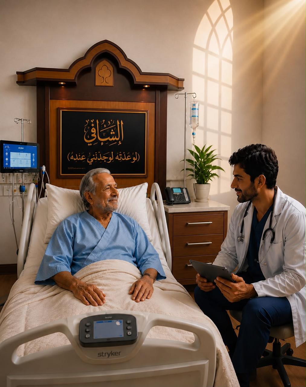 طبيب مع مريضه بجوار سرير المستشفى